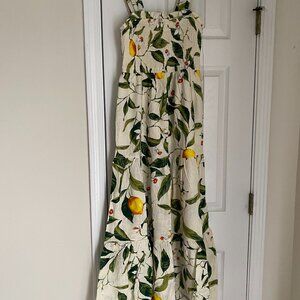 Linen-Blend Lemon Floral Sleeveless Smocked Tiered Maxi Dress